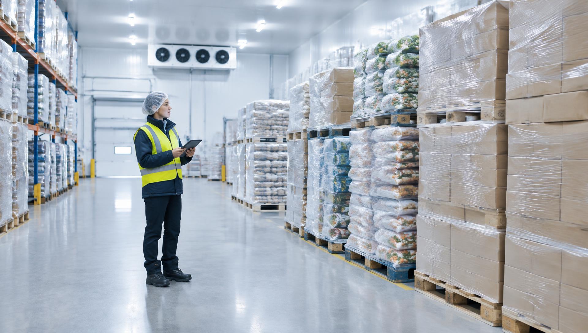Logistics worker checking pallets of packaged food in a cold storage warehouse