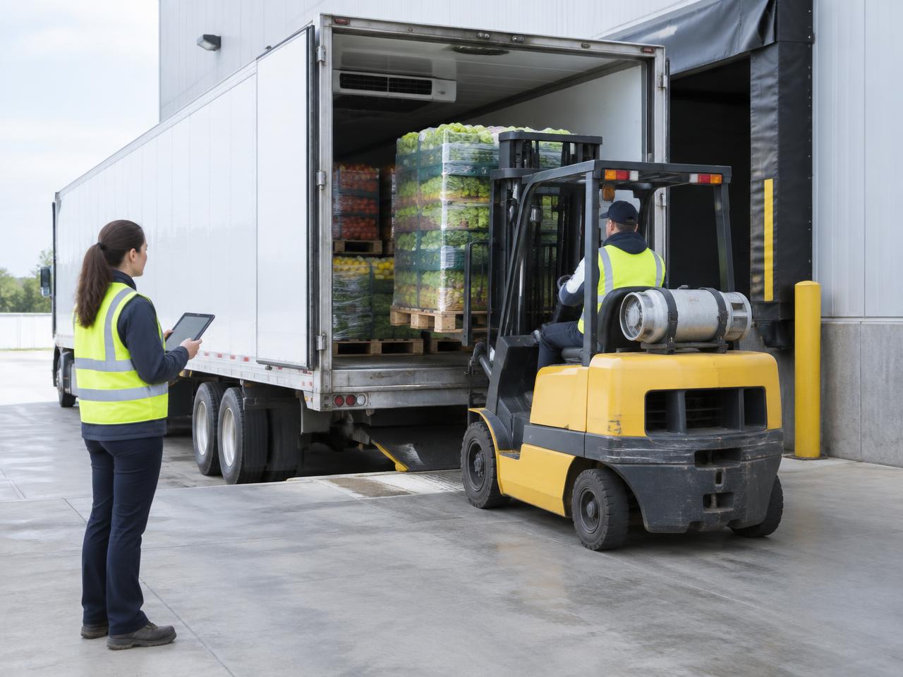 Refrigerated trailer being loaded at a cold dock