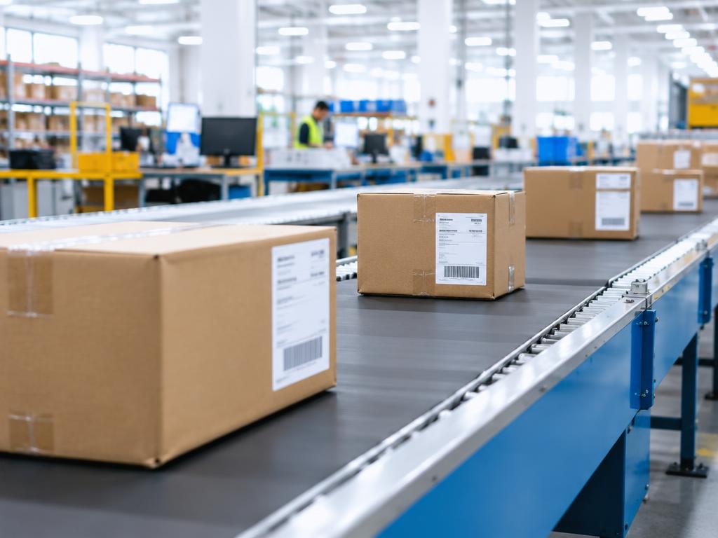 Parcels on a conveyor in a fulfillment center