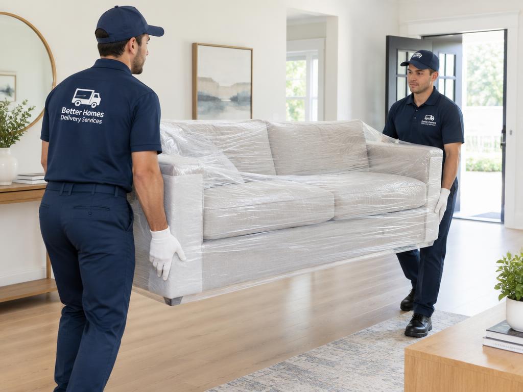 Delivery crew carrying a sofa into a home